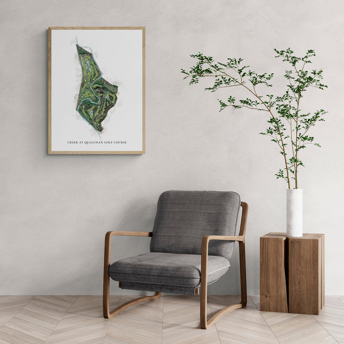 Classic Map of Creek At Qualchan Golf Course with a comfy armchair and large plant