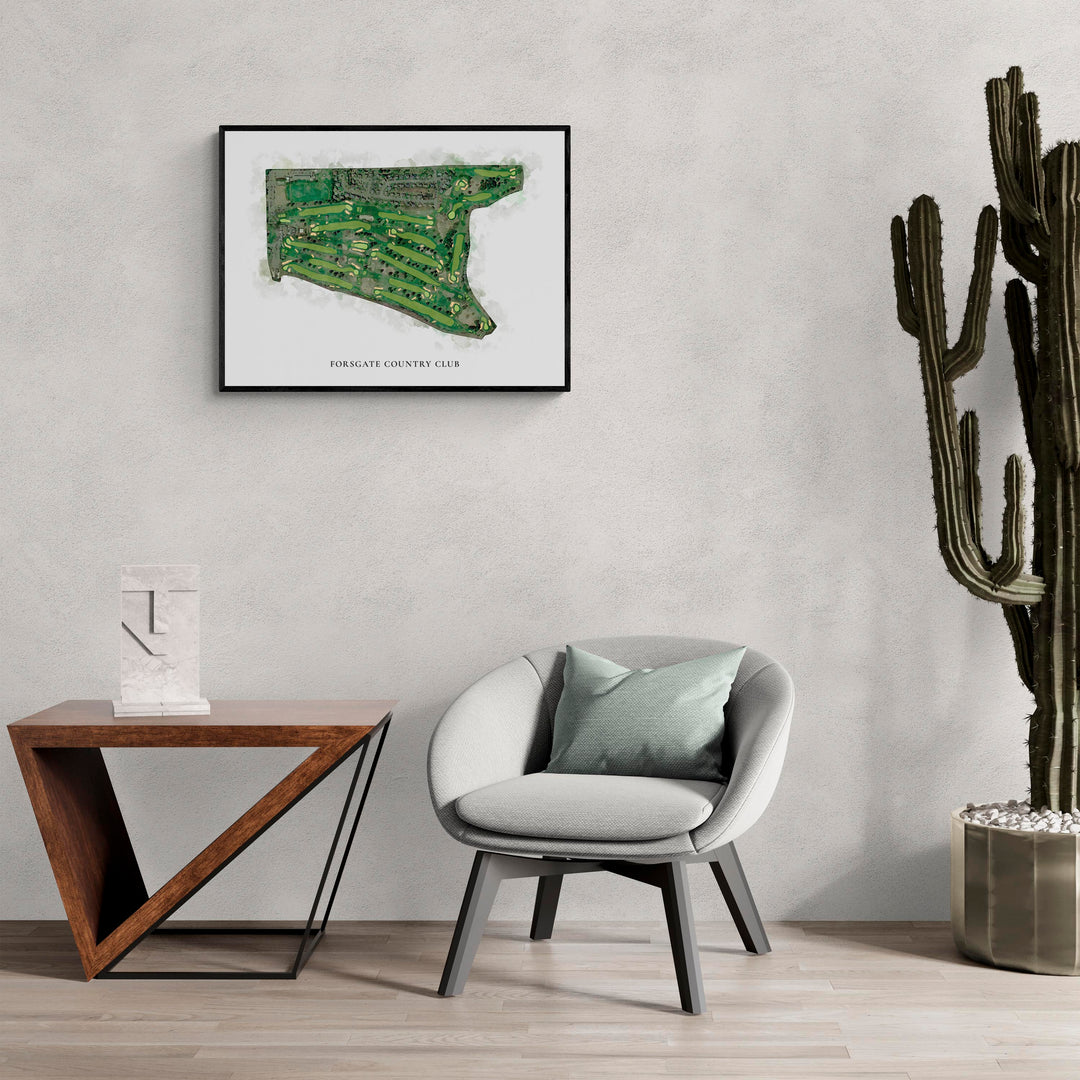 Classic Map of Forsgate Country Club in a living room with large cactus plant