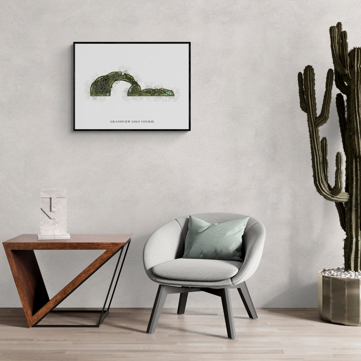 Classic Map of Grandview Golf Course in a living room with large cactus plant