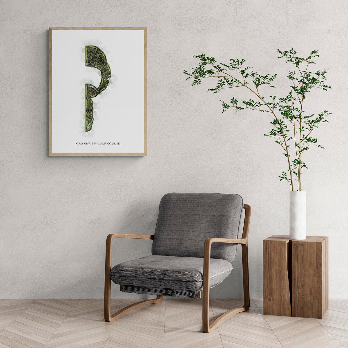 Classic Map of Grandview Golf Course with a comfy armchair and large plant
