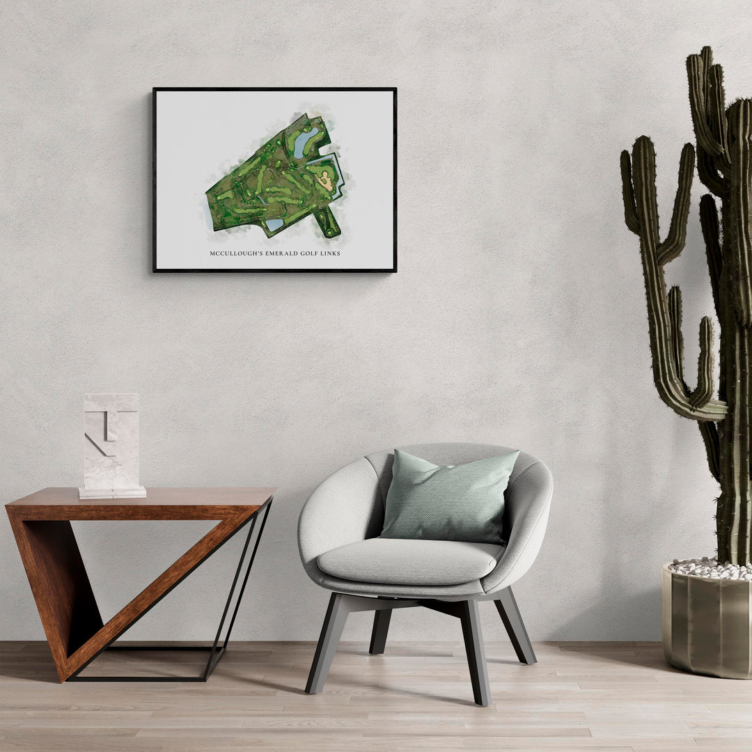 Classic Map of Mccullough'S Emerald Golf Links in a living room with large cactus plant