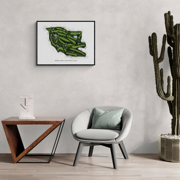 Classic Map of Redlands Country Club in a living room with large cactus plant