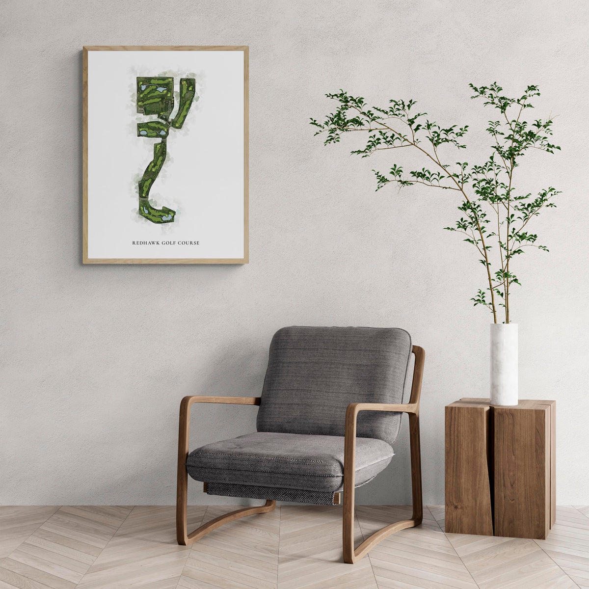 Classic Map of Redhawk Golf Course with a comfy armchair and large plant