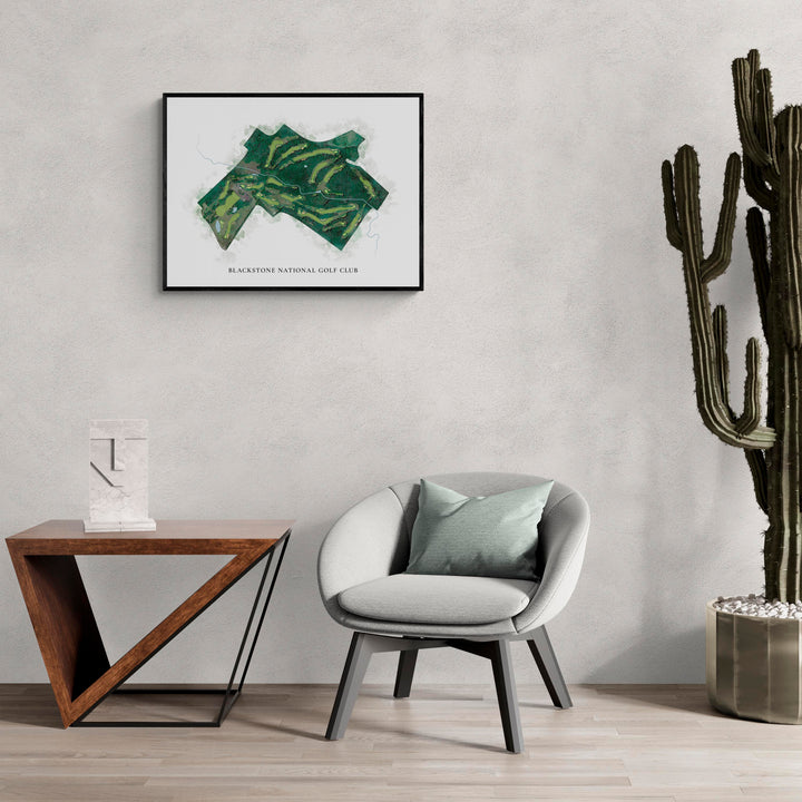 Classic Map of Blackstone National Golf Club in a living room with large cactus plant