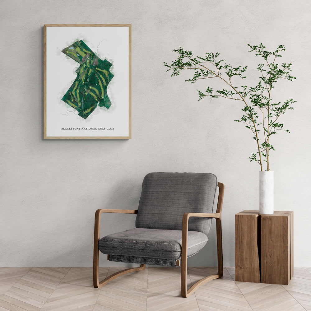 Classic Map of Blackstone National Golf Club with a comfy armchair and large plant