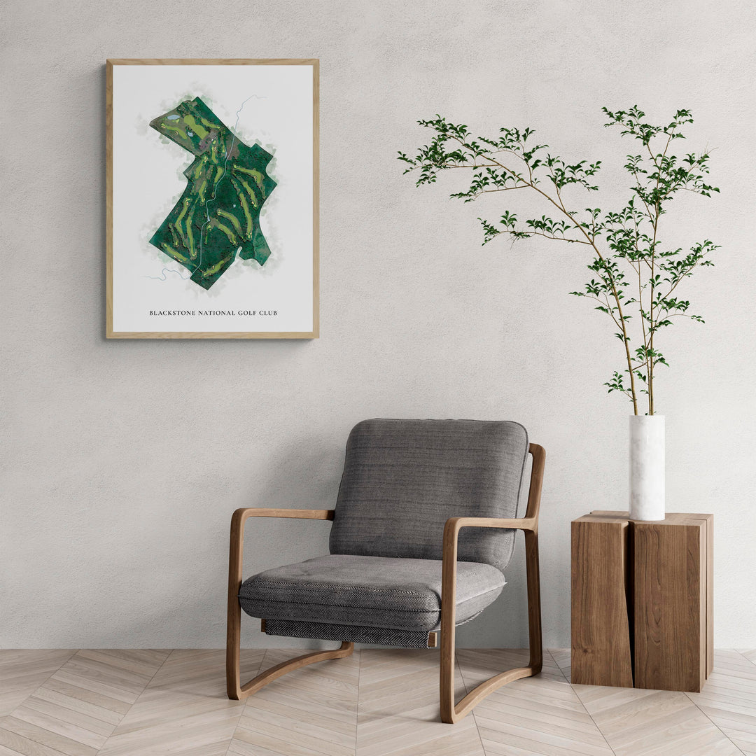 Classic Map of Blackstone National Golf Club with a comfy armchair and large plant