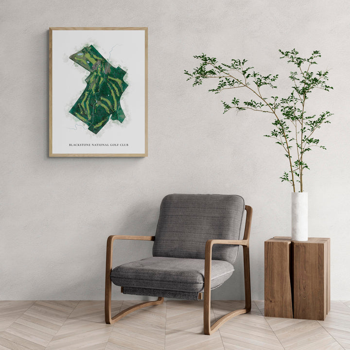 Classic Map of Blackstone National Golf Club with a comfy armchair and large plant