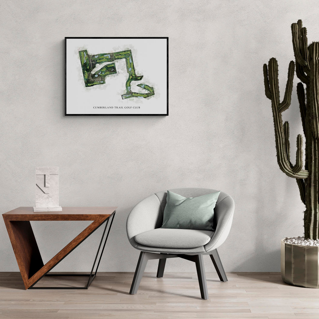 Classic Map of Cumberland Trail Golf Club in a living room with large cactus plant