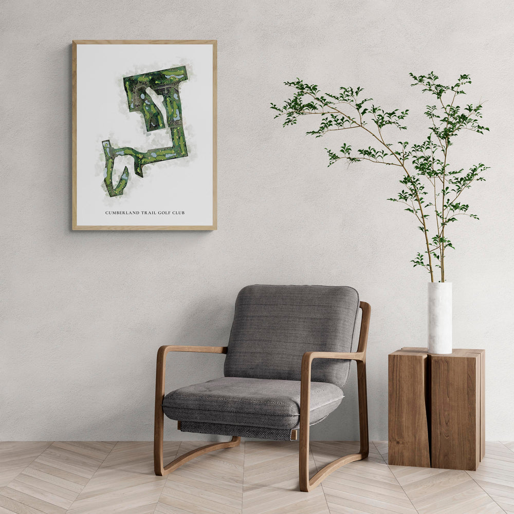 Classic Map of Cumberland Trail Golf Club with a comfy armchair and large plant