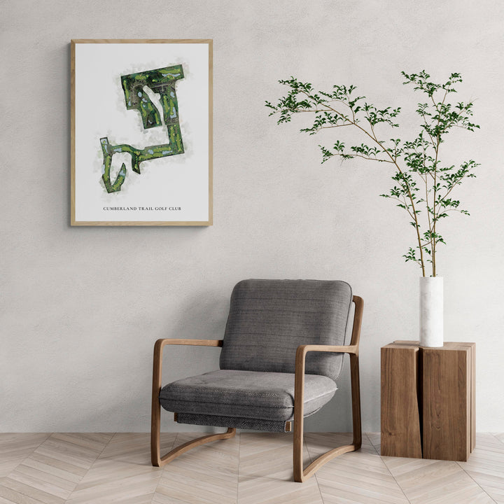 Classic Map of Cumberland Trail Golf Club with a comfy armchair and large plant