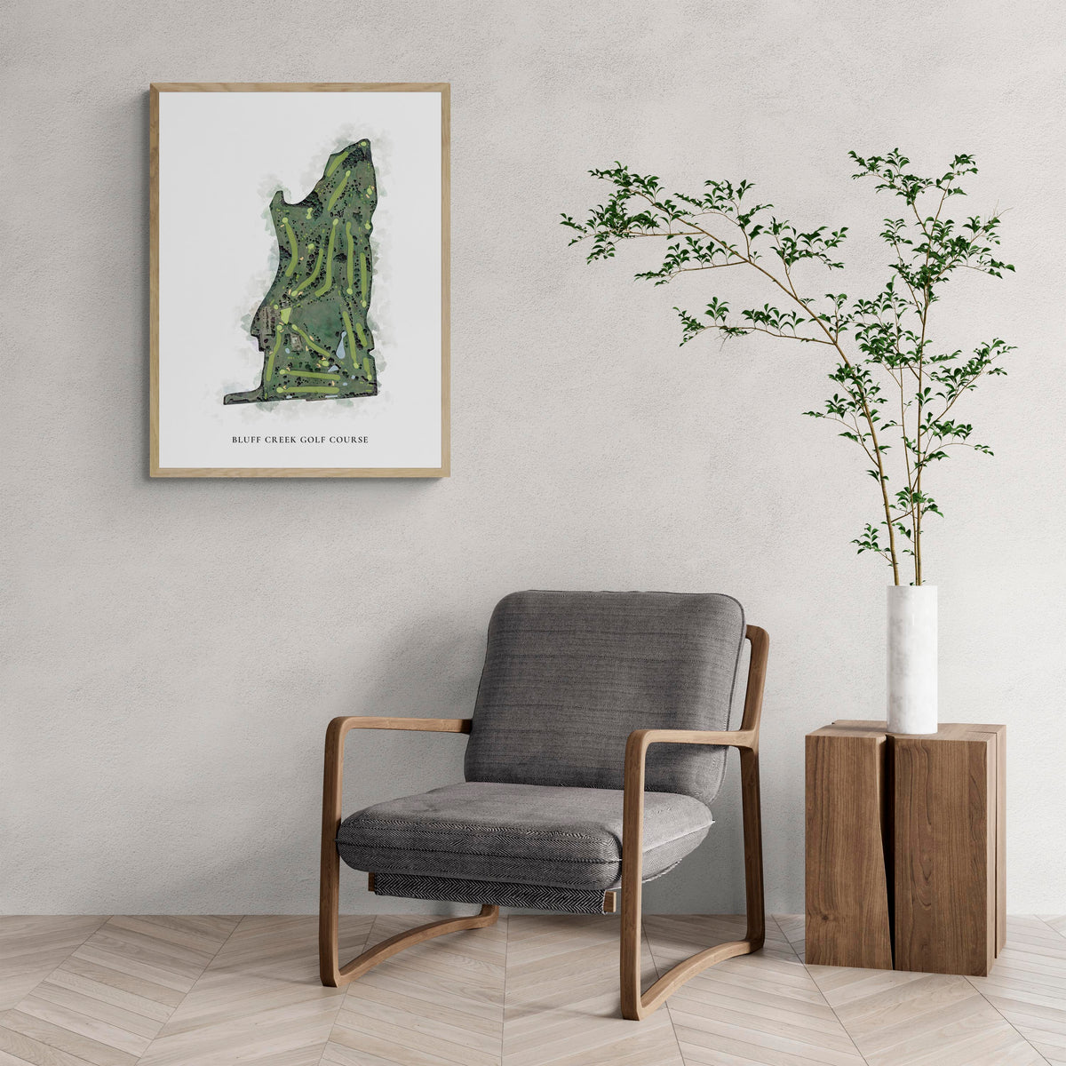 Classic Map of Bluff Creek Golf Course with a comfy armchair and large plant