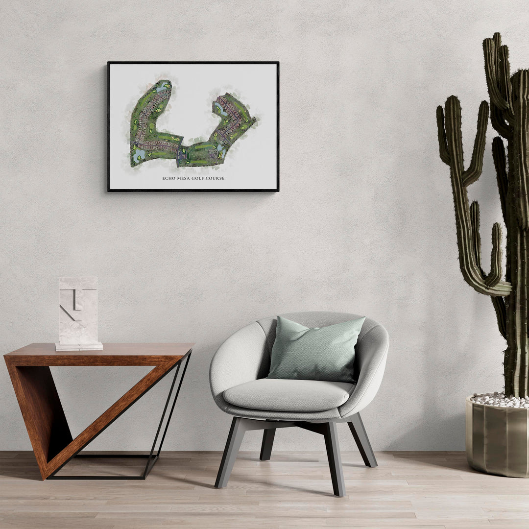 Classic Map of Echo Mesa Golf Course in a living room with large cactus plant