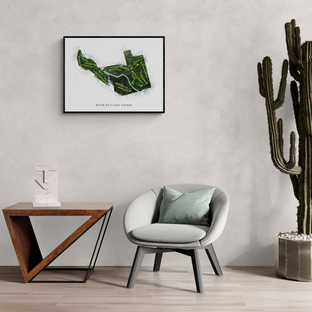 Classic Map of River Run Golf Course in a living room with large cactus plant
