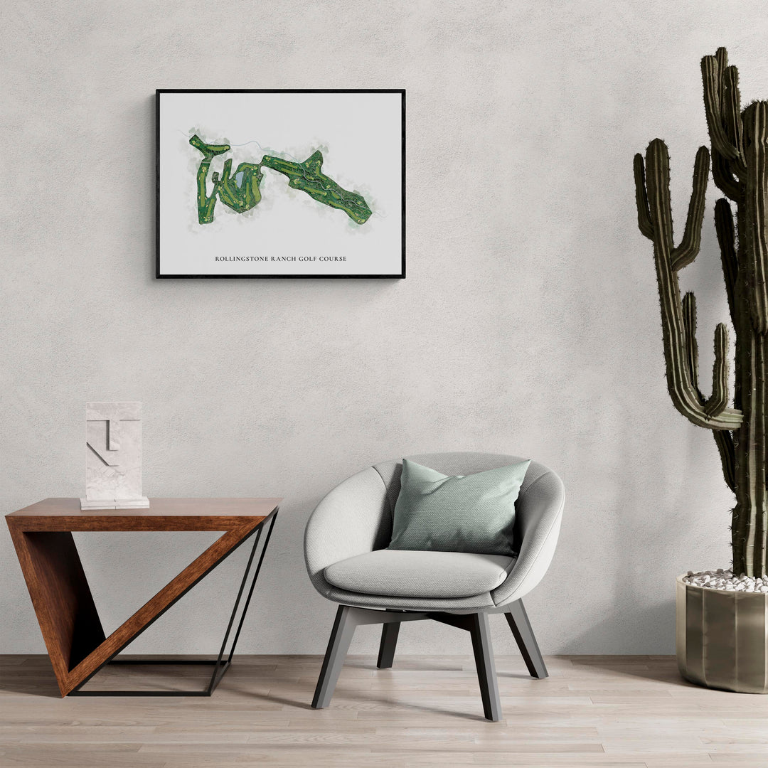 Classic Map of Rollingstone Ranch Golf Course in a living room with large cactus plant