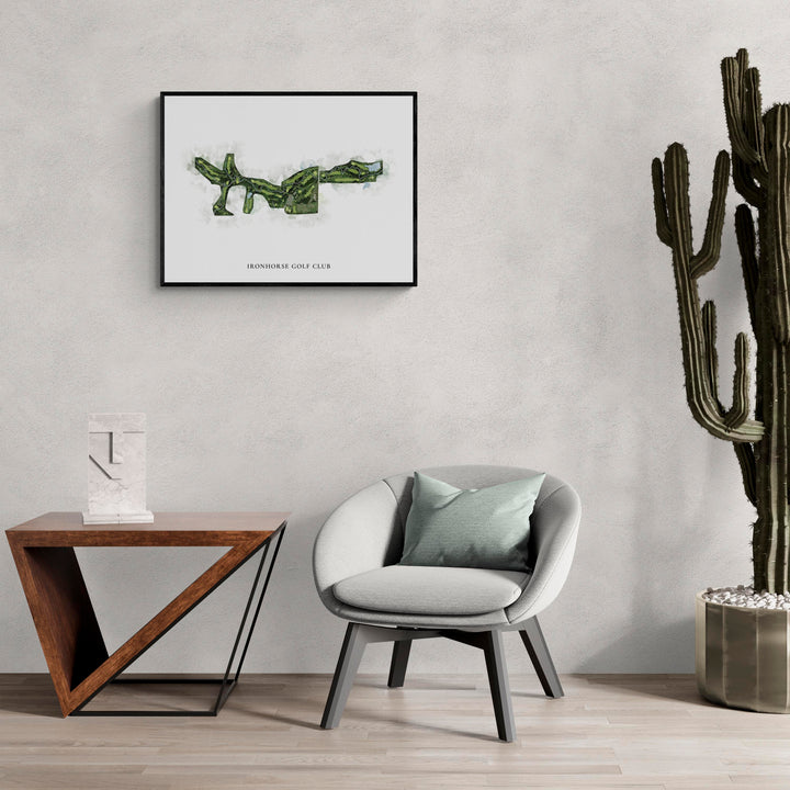 Classic Map of Ironhorse Golf Club in a living room with large cactus plant
