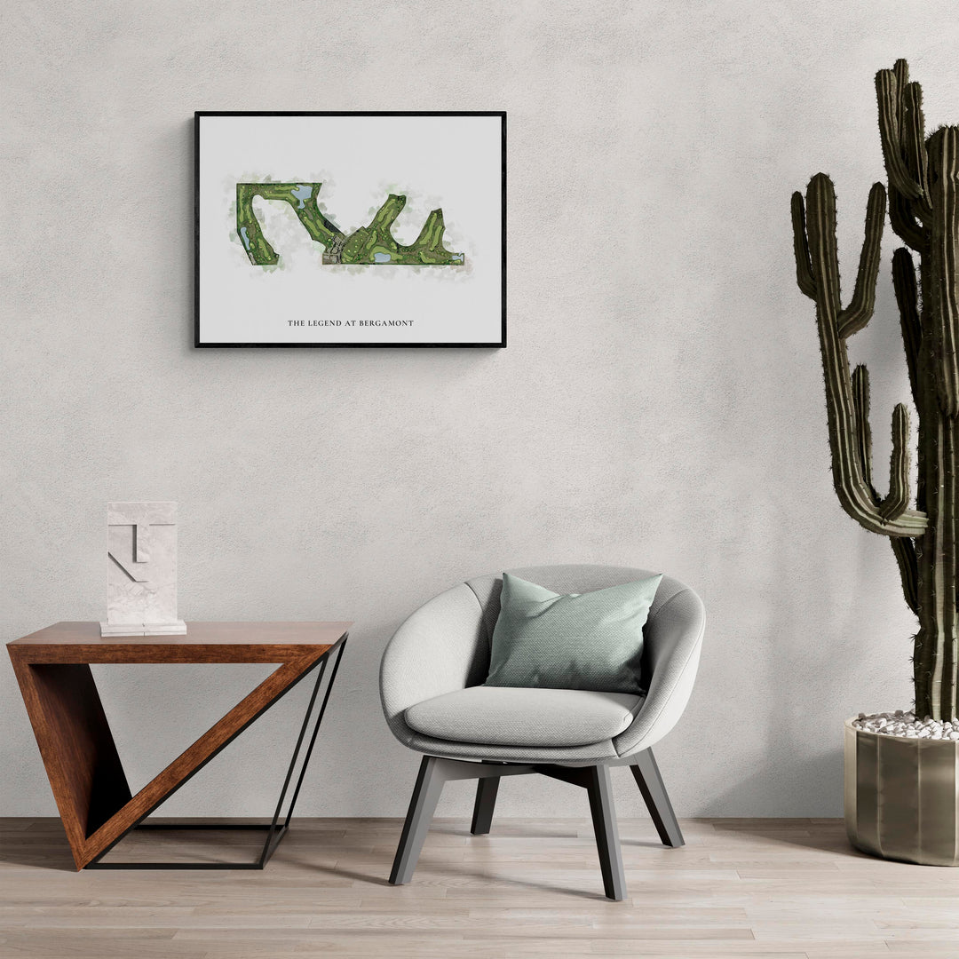 Classic Map of The Legend At Bergamont in a living room with large cactus plant