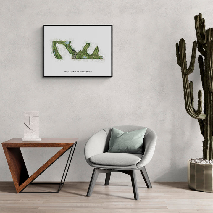 Classic Map of The Legend At Bergamont in a living room with large cactus plant