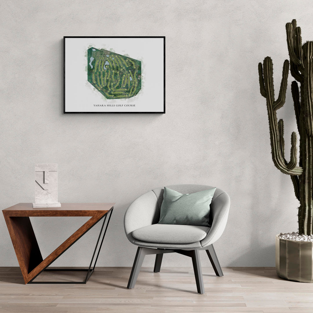 Classic Map of Yahara Hills Golf Course in a living room with large cactus plant