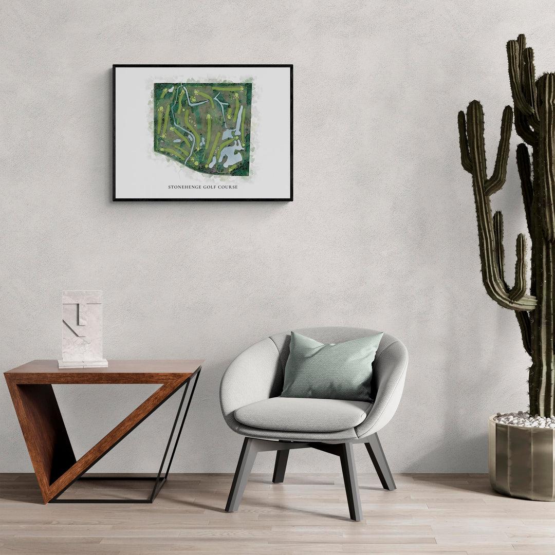 Classic Map of Stonehenge Golf Course in a living room with large cactus plant