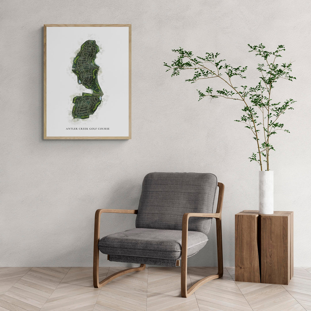 Classic Map of Antler Creek Golf Course with a comfy armchair and large plant