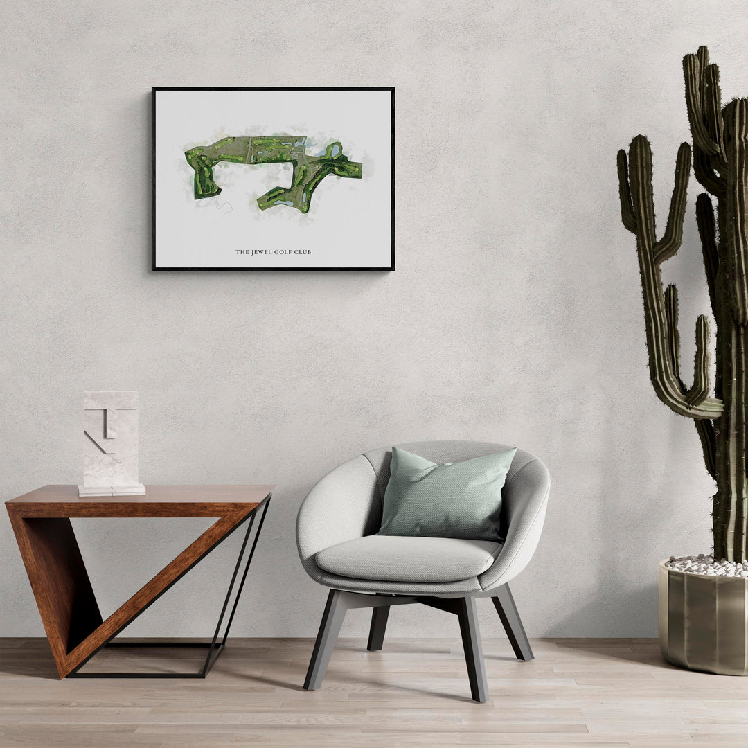 Classic Map of The Jewel Golf Club in a living room with large cactus plant