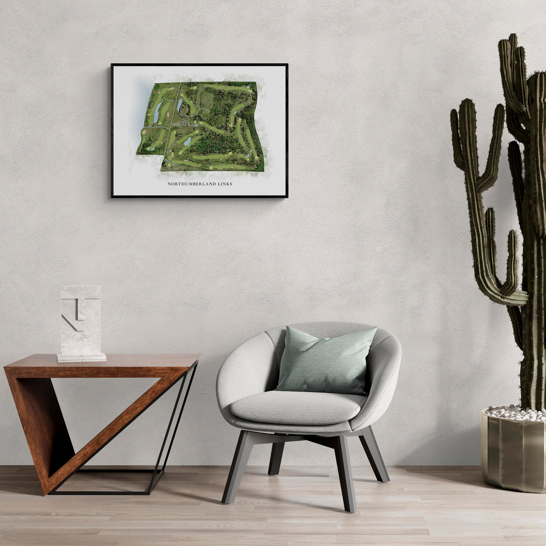 Classic Map of Northumberland Links in a living room with large cactus plant