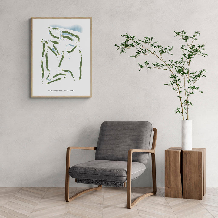 Modern Map of Northumberland Links with a comfy armchair and large plant