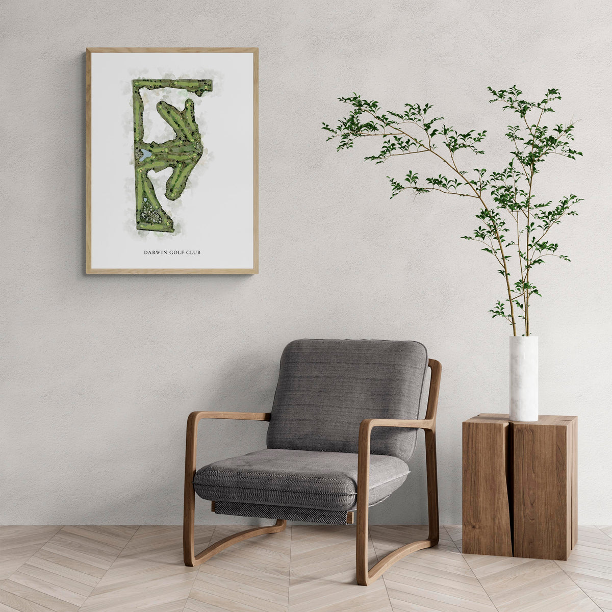 Classic Map of Darwin Golf Club with a comfy armchair and large plant