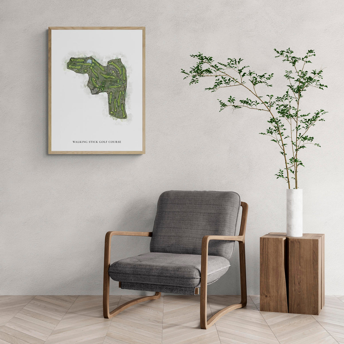 Classic Map of Walking Stick Golf Course with a comfy armchair and large plant