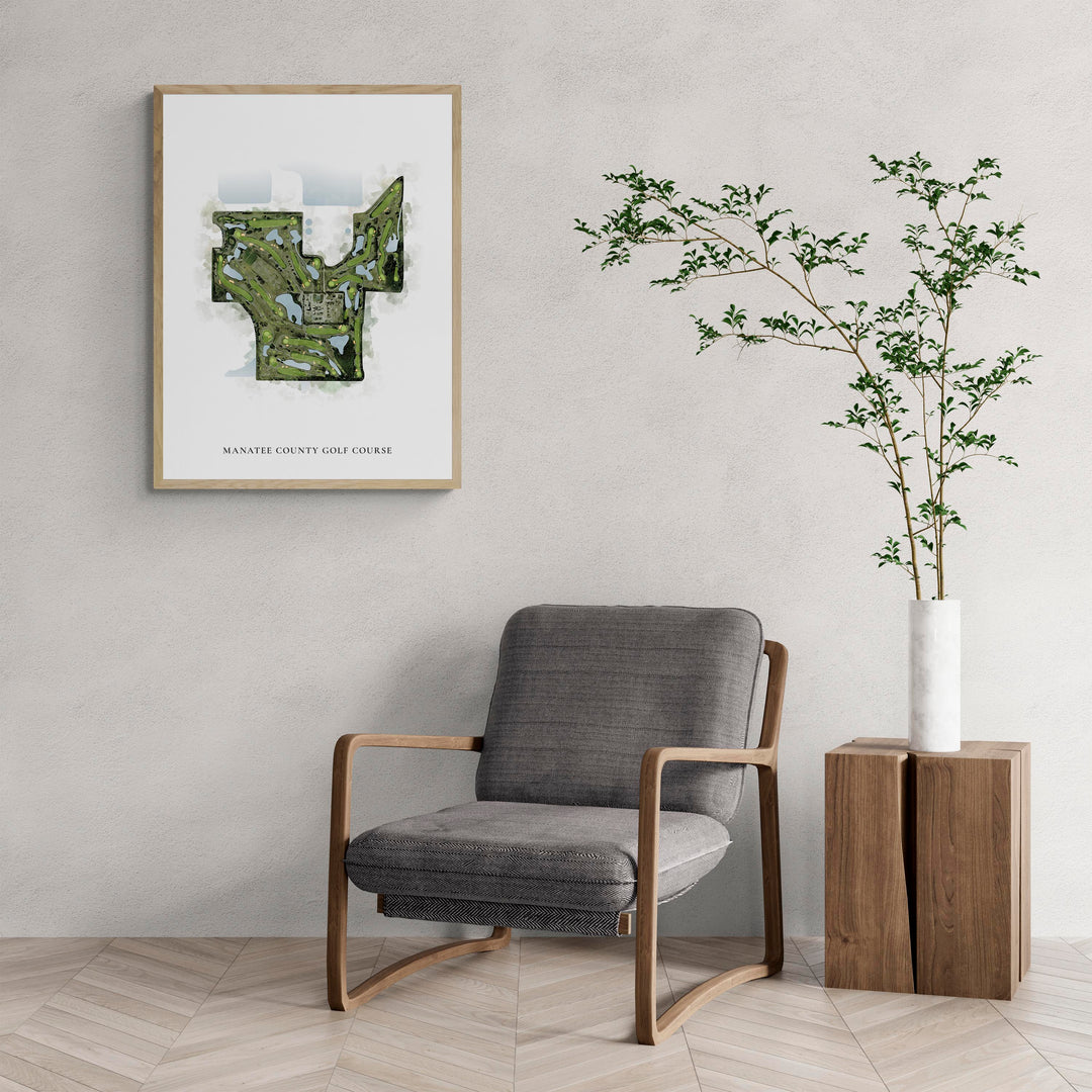 Classic Map of Manatee County Golf Course with a comfy armchair and large plant