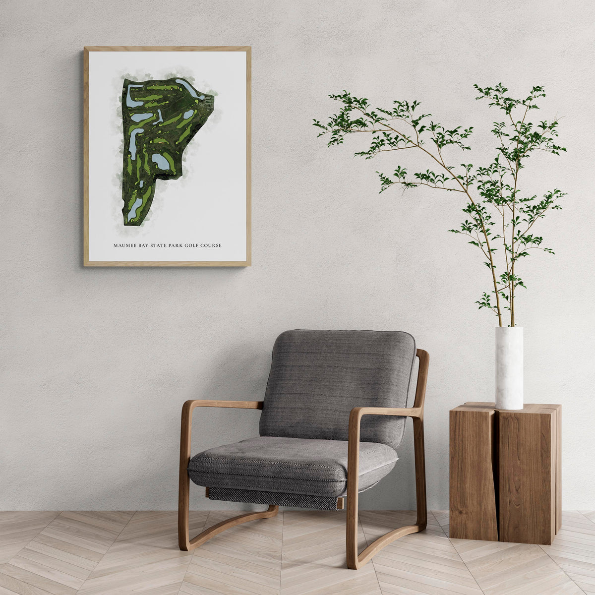 Classic Map of Maumee Bay State Park Golf Course with a comfy armchair and large plant