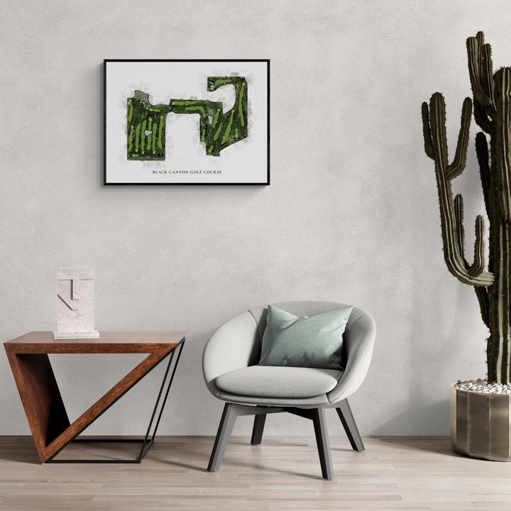 Classic Map of Black Canyon Golf Course in a living room with large cactus plant