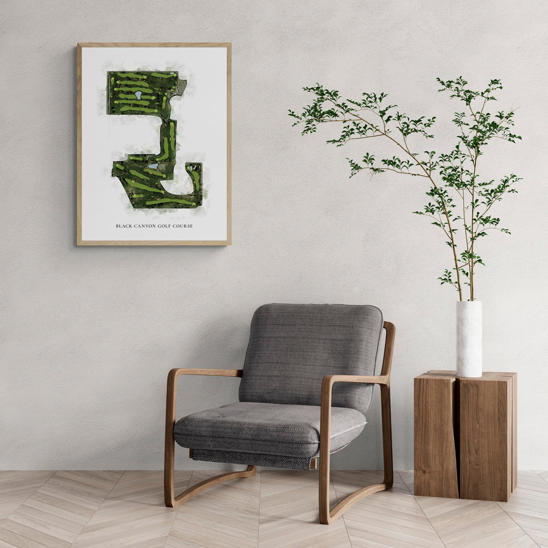 Classic Map of Black Canyon Golf Course with a comfy armchair and large plant