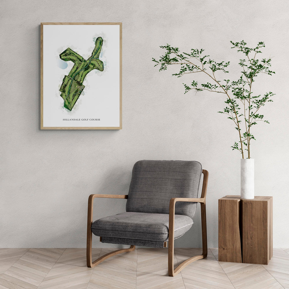 Classic Map of Hillandale Golf Course with a comfy armchair and large plant