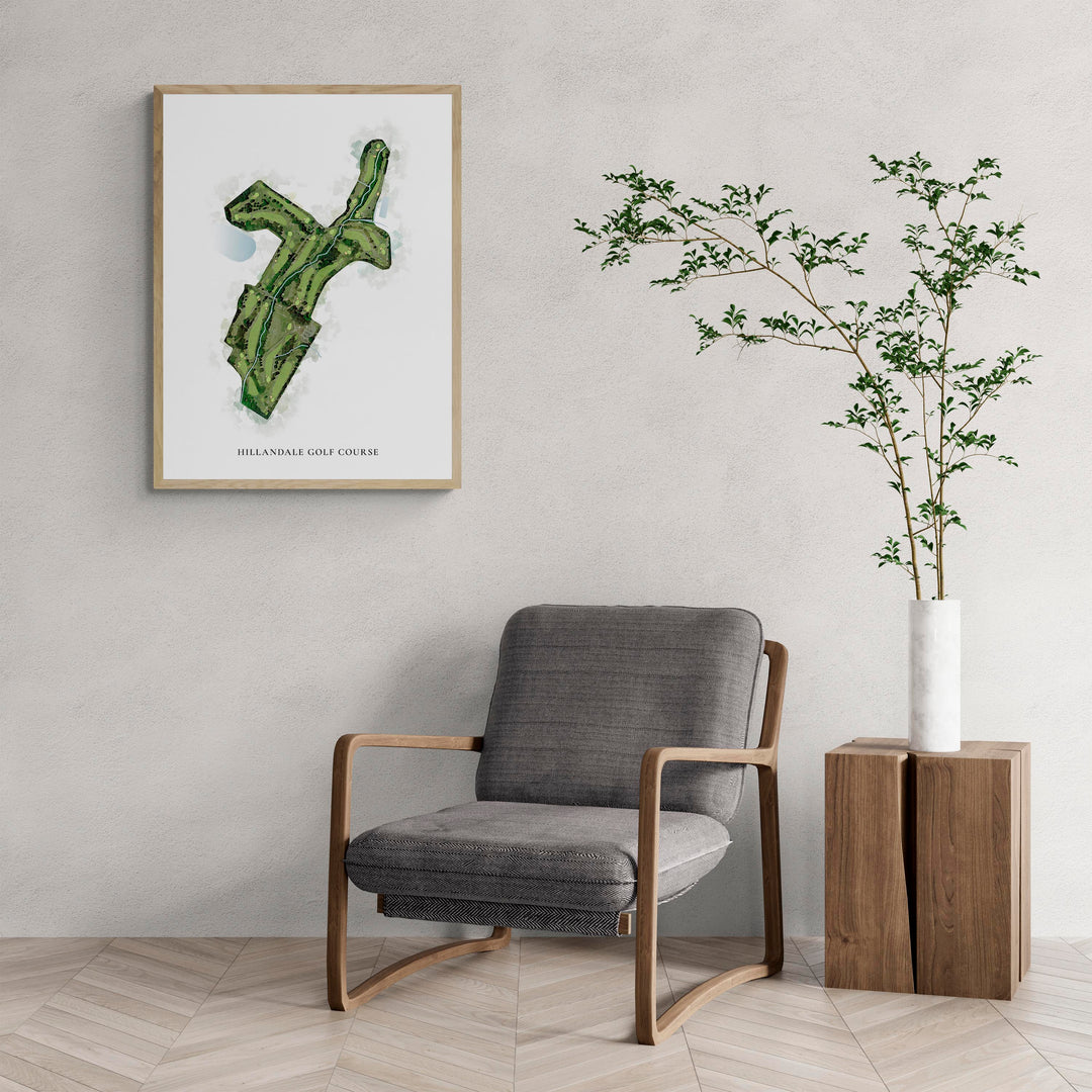 Classic Map of Hillandale Golf Course with a comfy armchair and large plant