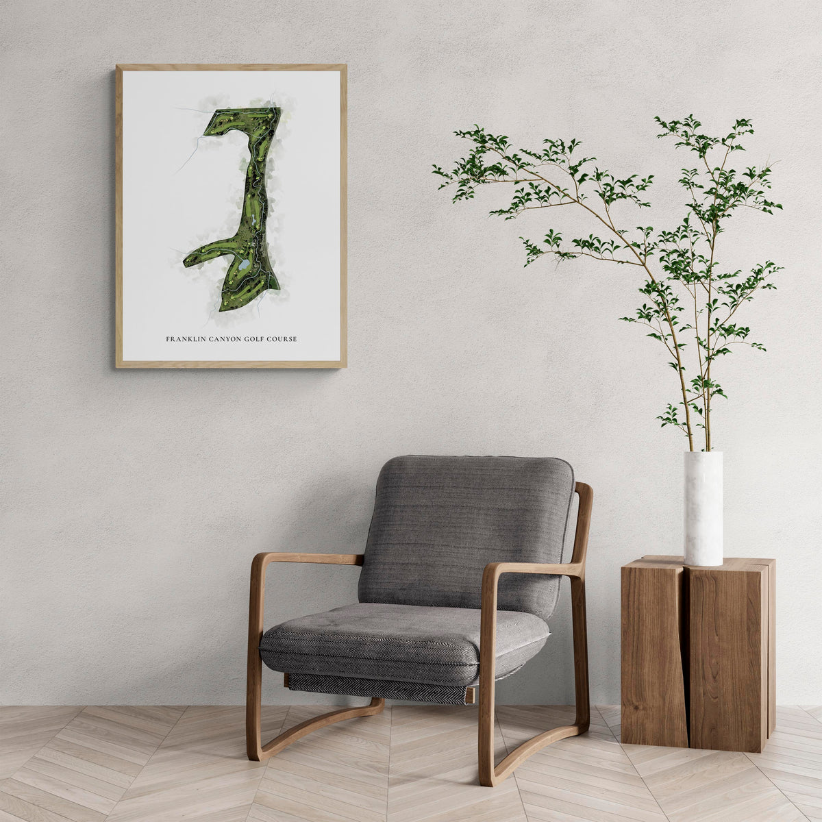 Classic Map of Franklin Canyon Golf Course with a comfy armchair and large plant