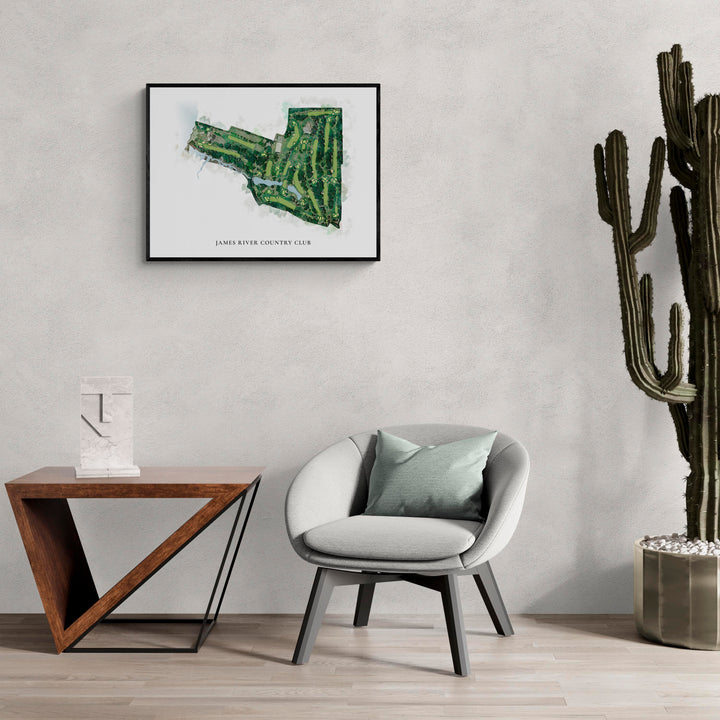 Classic Map of James River Country Club in a living room with large cactus plant