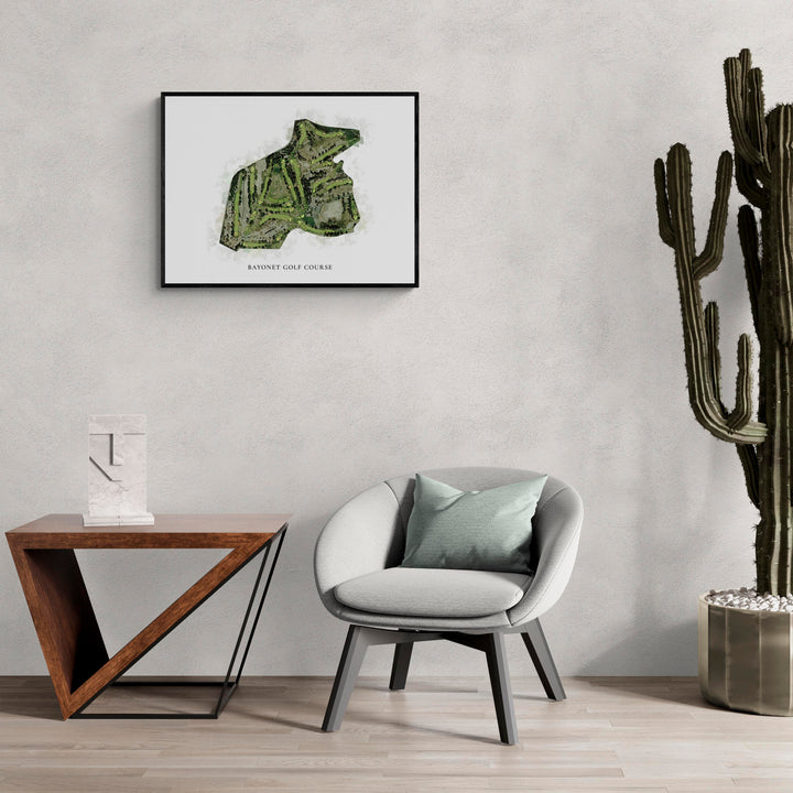 Classic Map of Bayonet Golf Course in a living room with large cactus plant