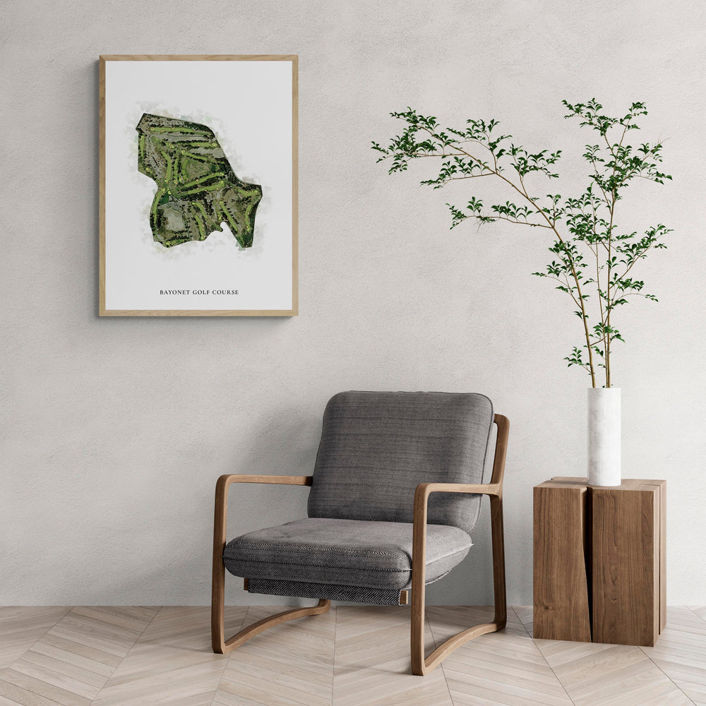 Classic Map of Bayonet Golf Course with a comfy armchair and large plant