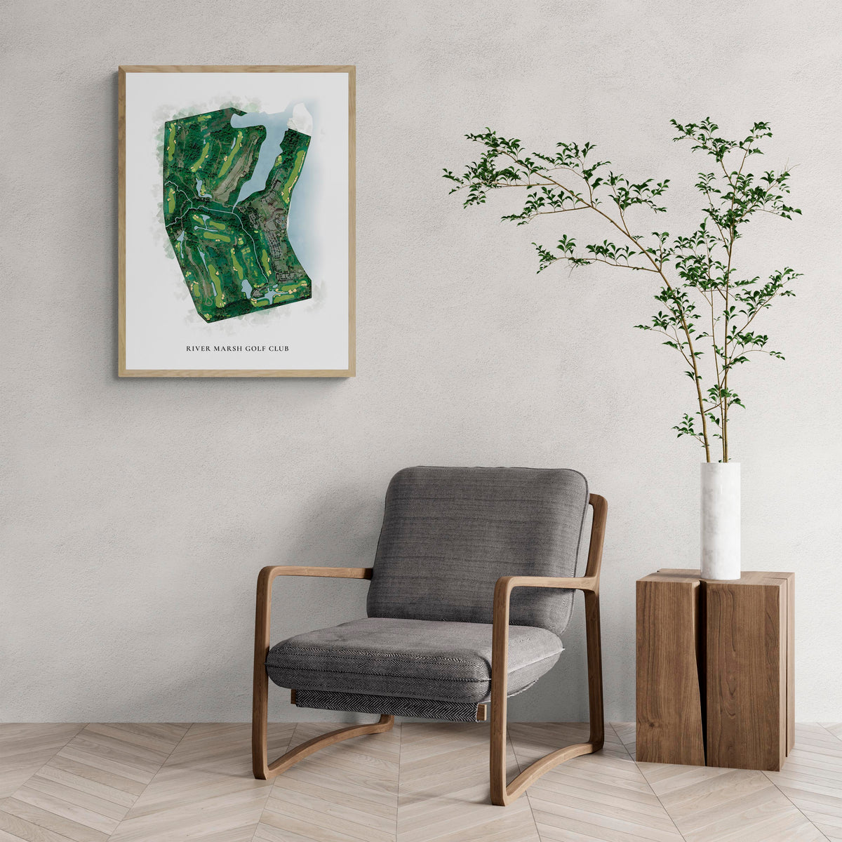 Classic Map of River Marsh Golf Club with a comfy armchair and large plant
