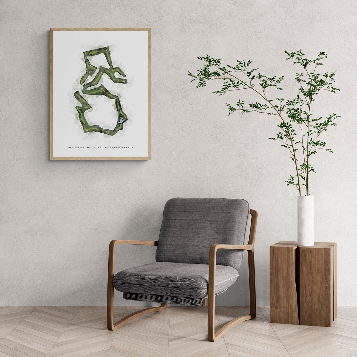 Classic Map of Orange Blossom Hills Golf & Country Club with a comfy armchair and large plant
