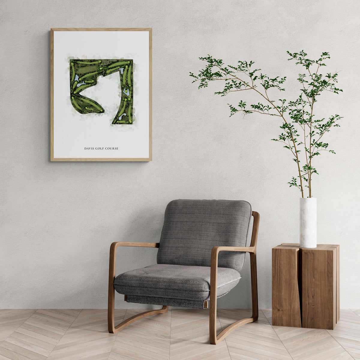 Classic Map of Davis Golf Course with a comfy armchair and large plant