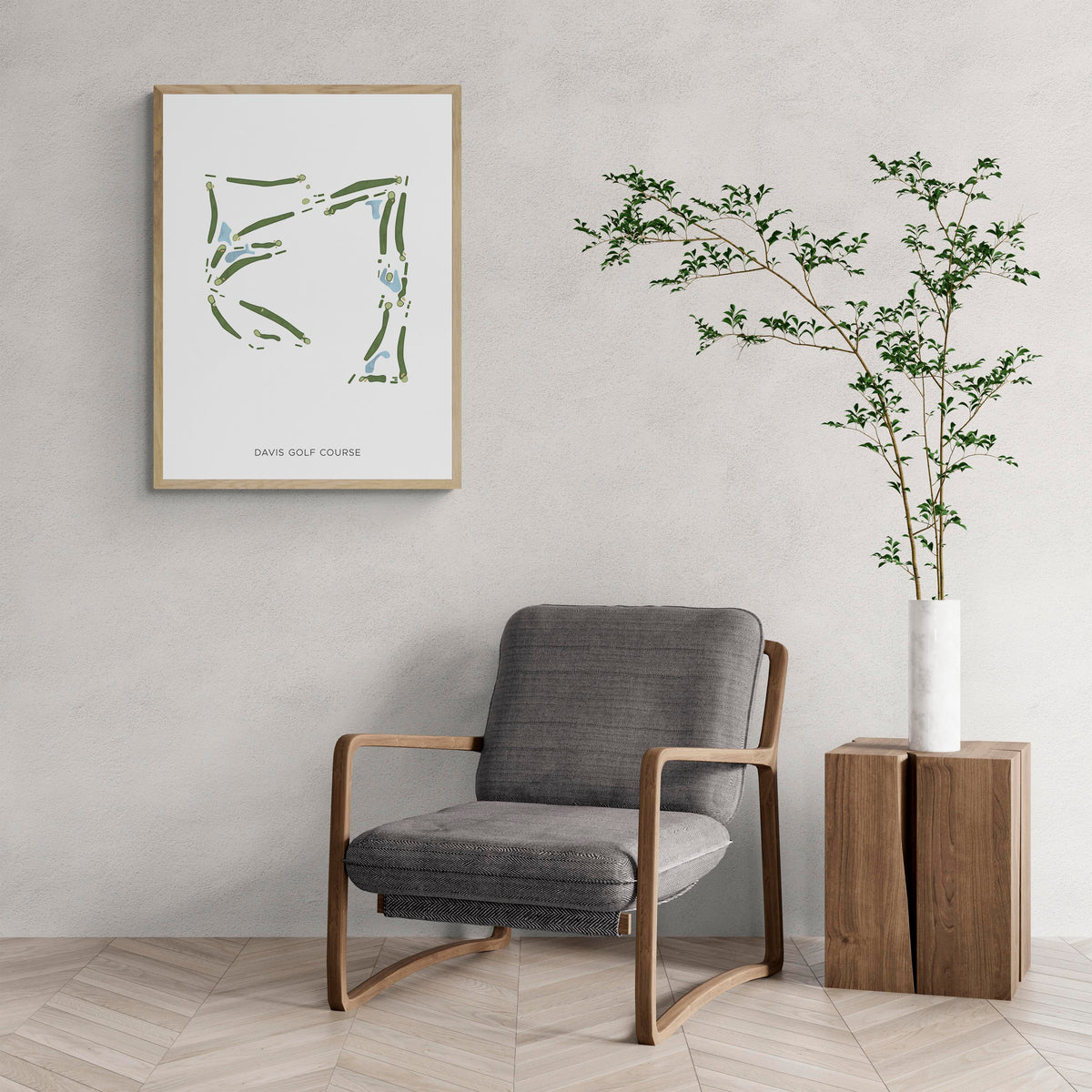 Modern Map of Davis Golf Course with a comfy armchair and large plant