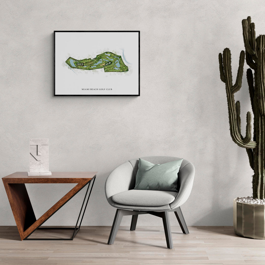 Classic Map of Miami Beach Golf Club in a living room with large cactus plant