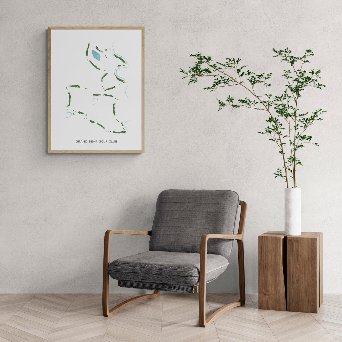 Modern Map of Grand Bear Golf Club with a comfy armchair and large plant