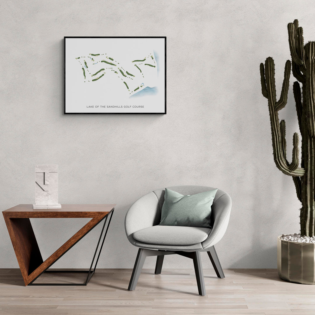 Modern Map of Lake Of The Sandhills Golf Course in a living room with large cactus plant