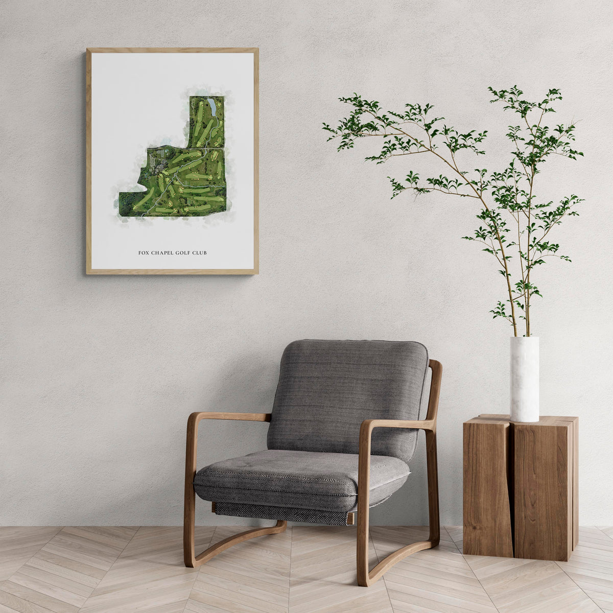 Classic Map of Fox Chapel Golf Club with a comfy armchair and large plant
