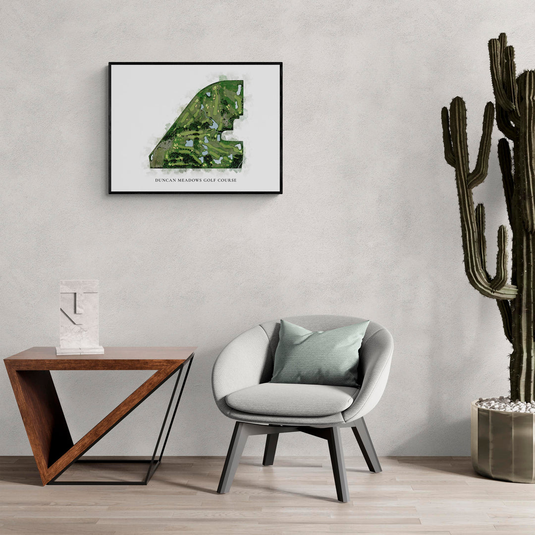 Classic Map of Duncan Meadows Golf Course in a living room with large cactus plant