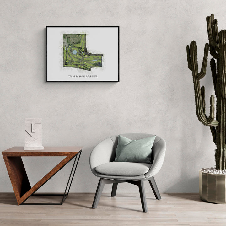 Classic Map of Texas Rangers Golf Club in a living room with large cactus plant