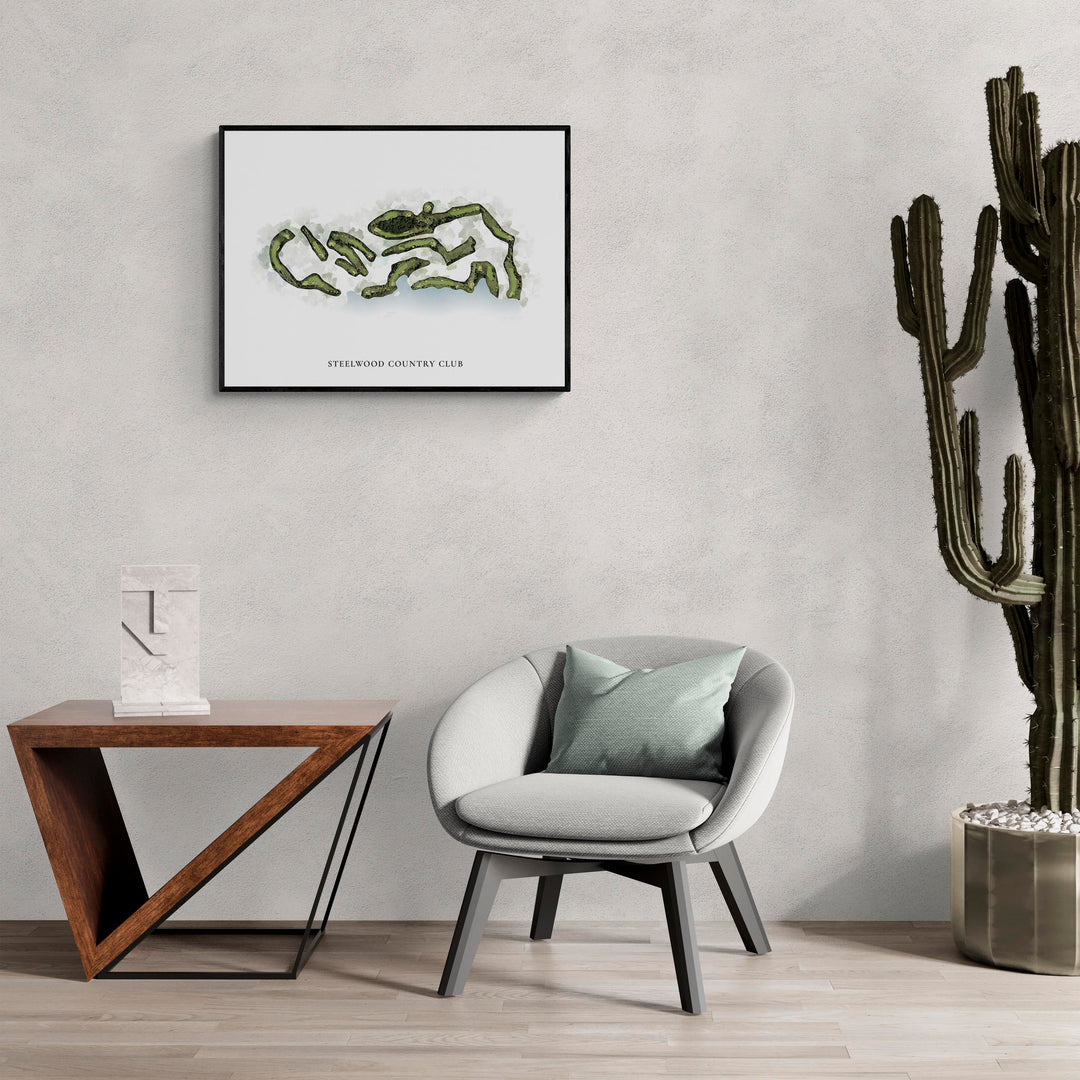 Classic Map of Steelwood Country Club in a living room with large cactus plant